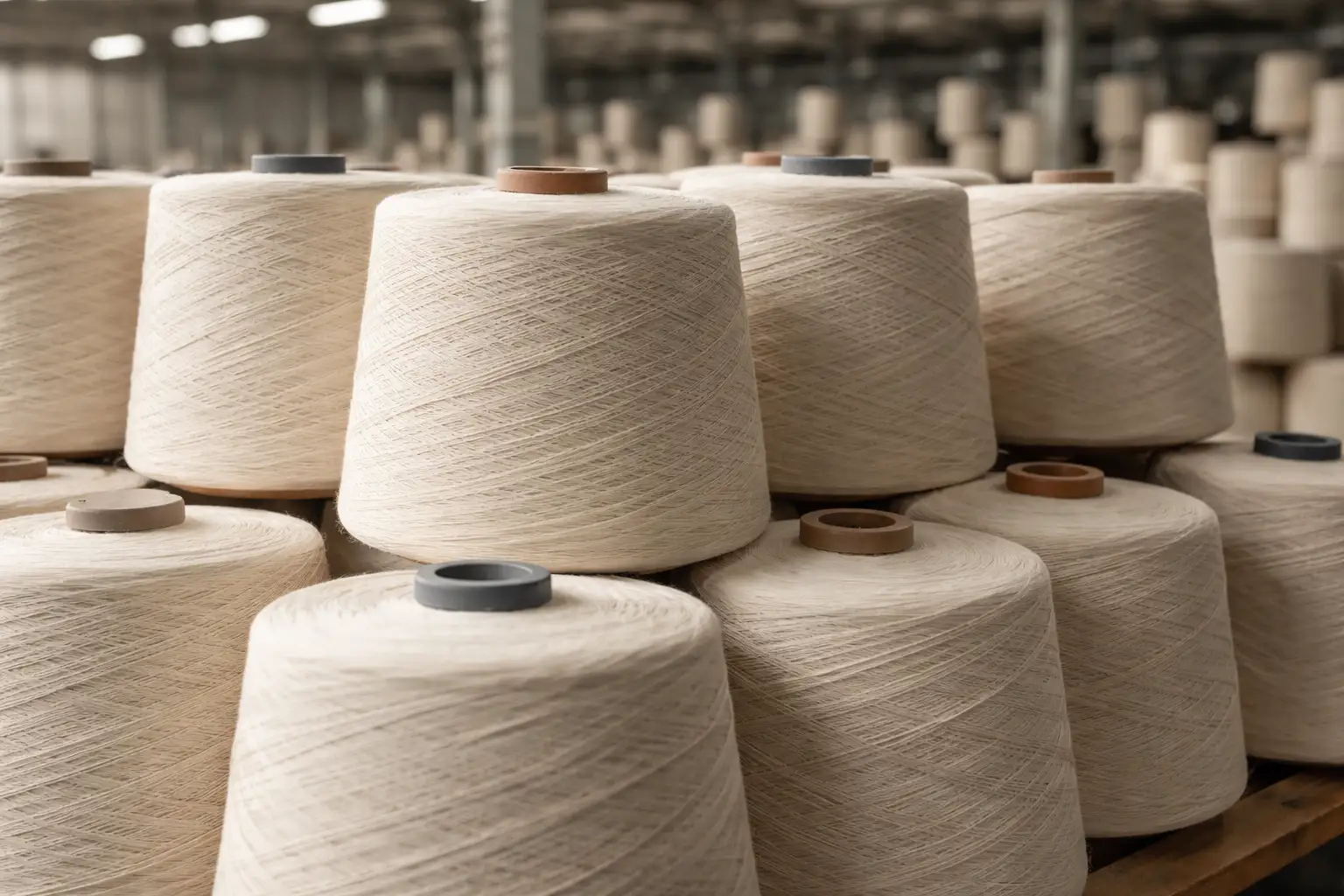 Spools of yarn stacked in warehouse