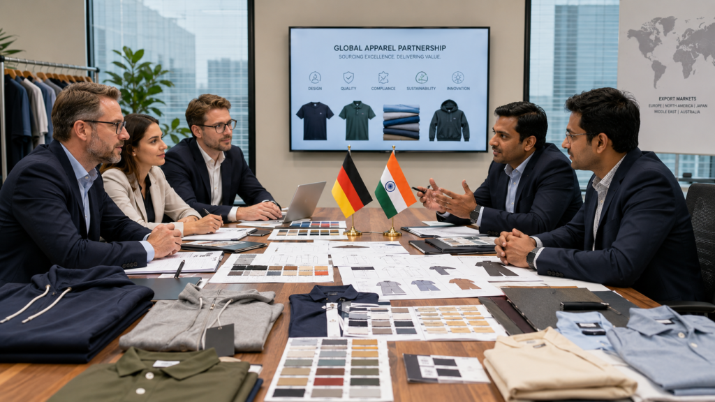 German and Indian business professionals discussing apparel sourcing opportunities with German and Indian flags displayed during a manufacturing partnership meeting.