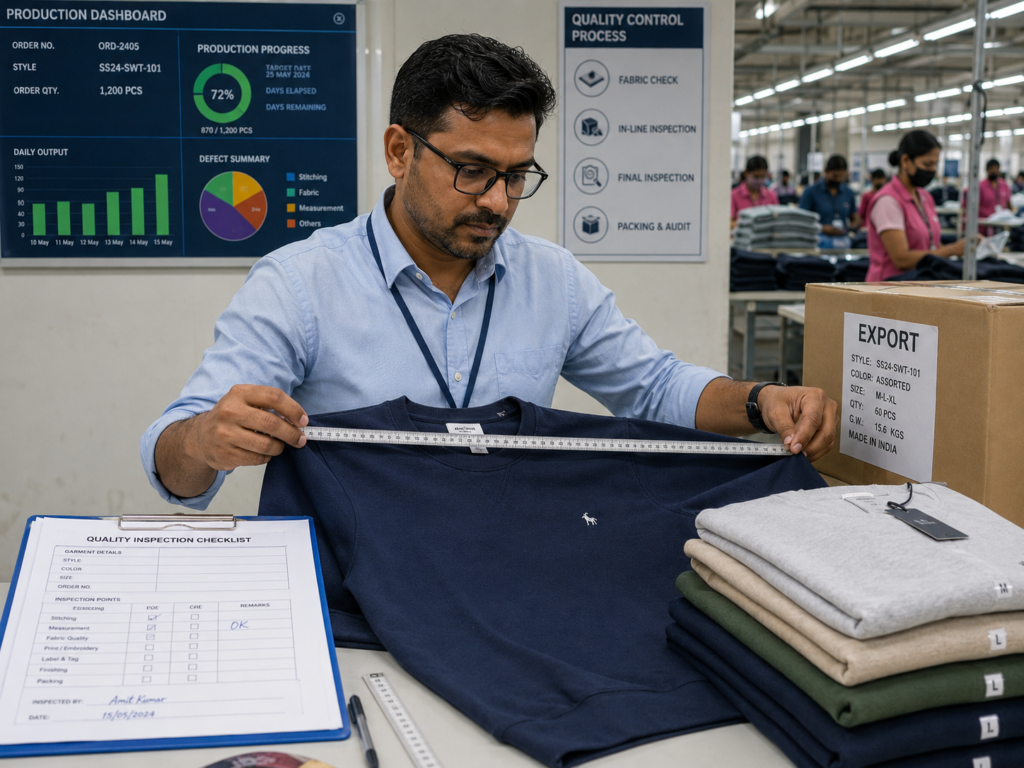 Quality control manager inspecting garments during production for German apparel importers and private label fashion brands.