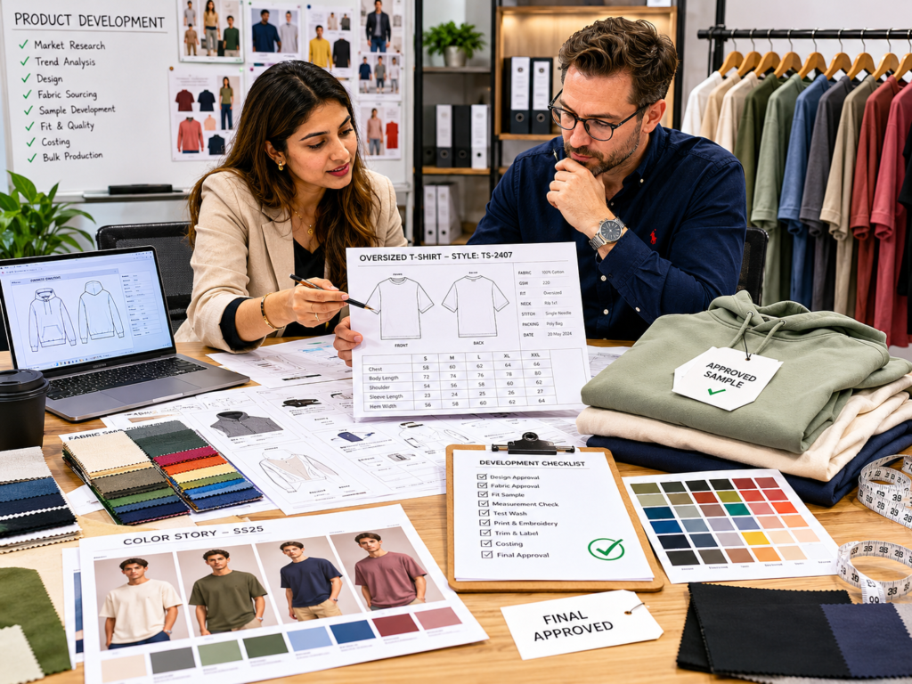 Apparel product development process including tech packs, garment samples, fabric swatches, and fit approval for German fashion companies.