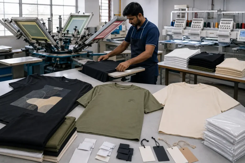 Private label T-shirt printing embroidery and branding production in Tiruppur